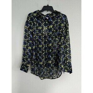 Elan Green And Black Geometric Sheer Button Up Blouse Size Large Ruffle Top